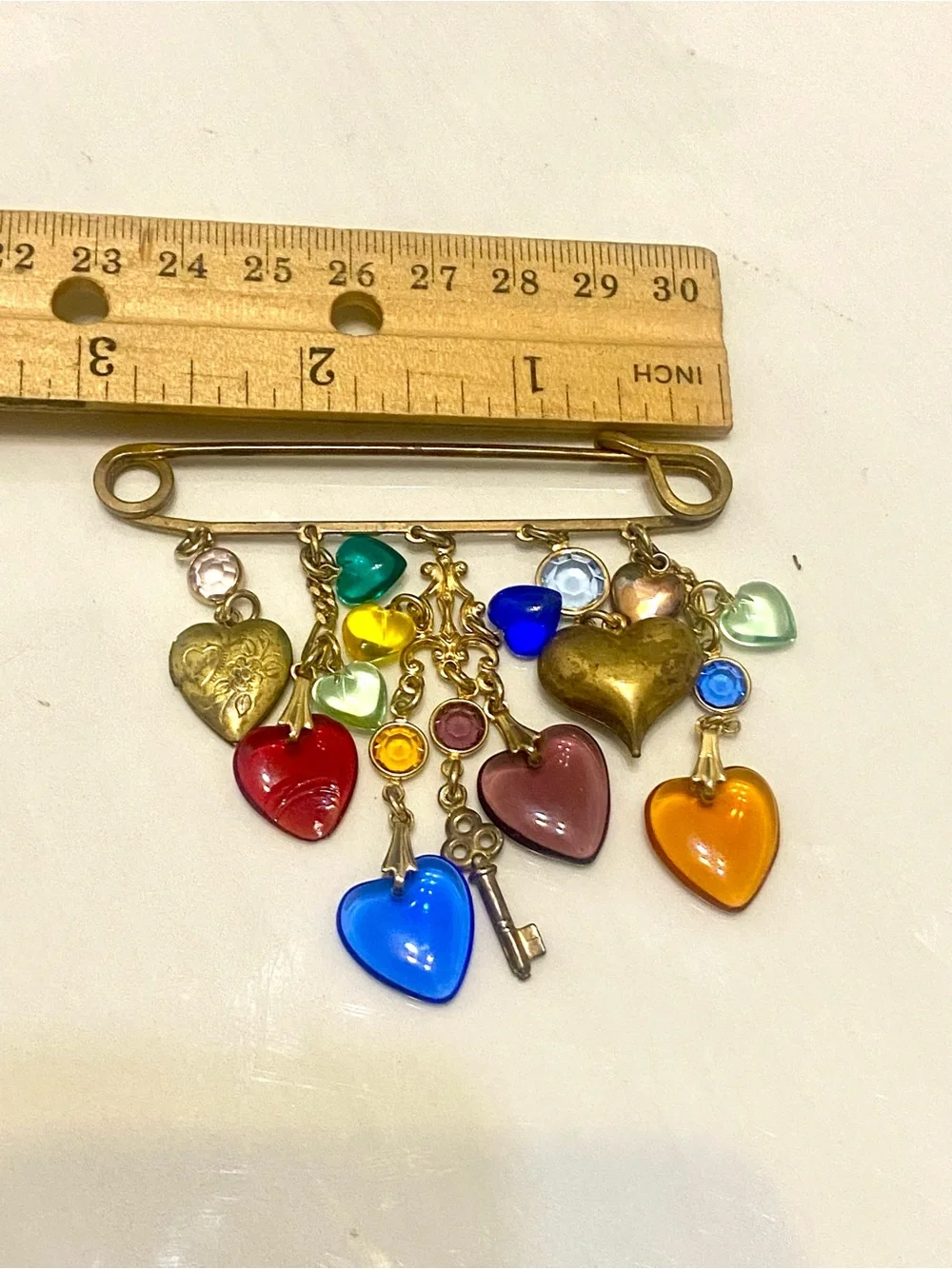 Vintage Glass Heart Multi Color Safety Pin Charm Brooch